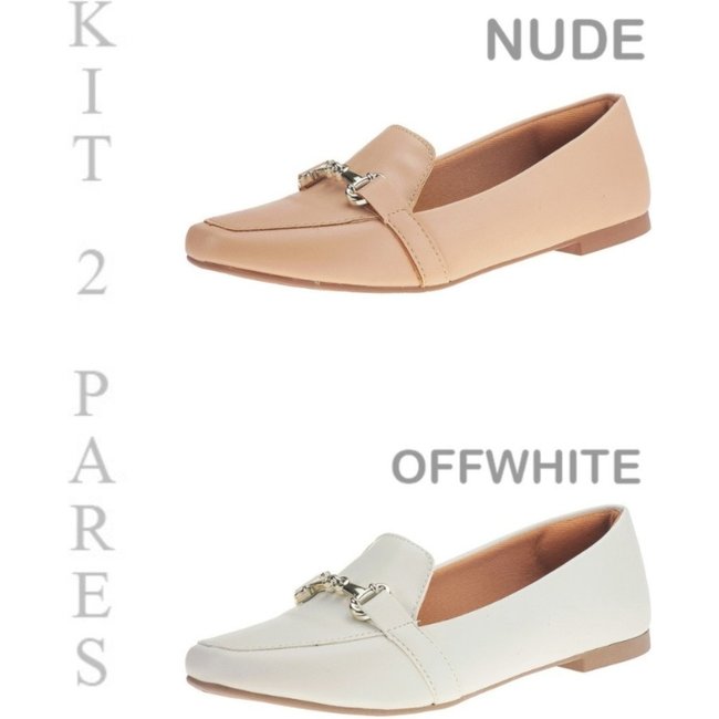 Kit 2 Pares Sapatilha Feminina Mocassim Rasteiro Sapato Bico Quadrado 160 Nude/Bege