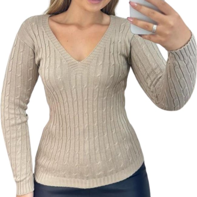 Blusa Suéter Feminino de Tricô Industrie Bege Manga Longa