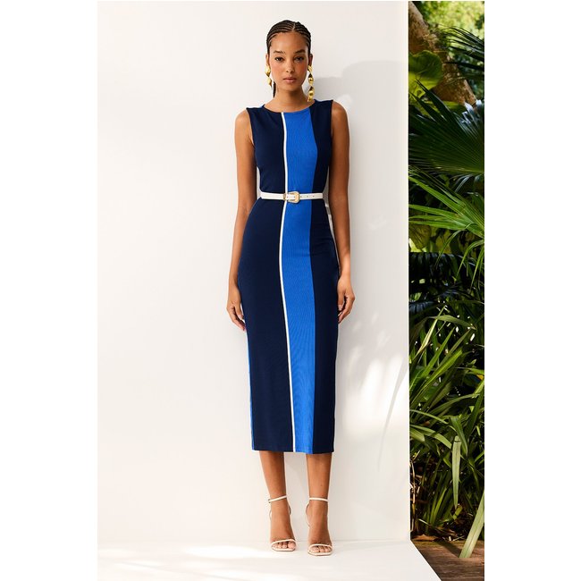 Vestido Super Midi Listrado Ajustado Marinho Charry