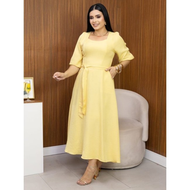 Vestido Midi Soltinho Manga 3/4 Elegante Social Moda Evangélica Amarelo