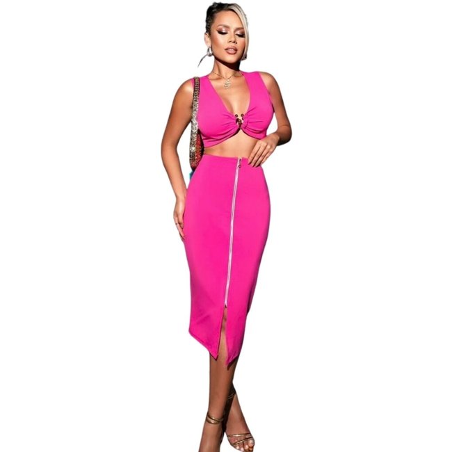 Conjunto Summer Body gringa saia MIDI com zíper e cropped decote argola Pink