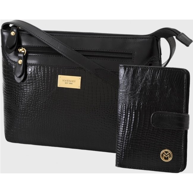 Kit Bolsa e Carteira Couro Mariart 2193MRT + 237MRT Preta