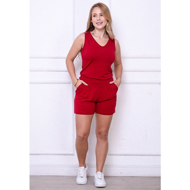 Macaquinho Alças com Bolsos e Cós B'Bonnie Dulce Vermelho