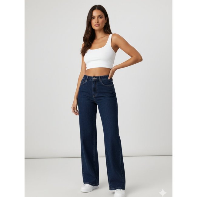 Calça Widleg Feminina Jeans Alpha Street Wear Estilo Gringa Fashion e Confortavel Azul Escura