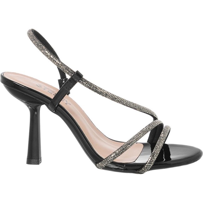 Sandália Feminina Stessy Salto Alto Fino Original Strass Festa Luxo Verniz Preto