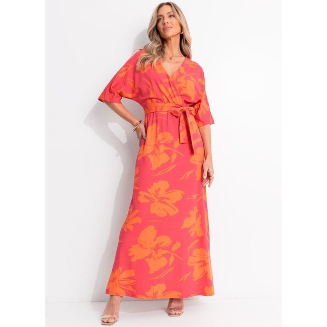 Vestido Em Malha De Viscose Floral Laranja Quintess