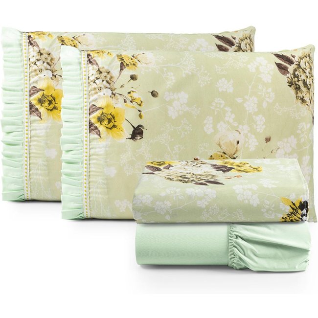 Jogo Cama Lençol Fiore Casa Scarpa Queen Estampado 180 Fios 100% Algodão com Babadinho 4 Peças Verde Floral