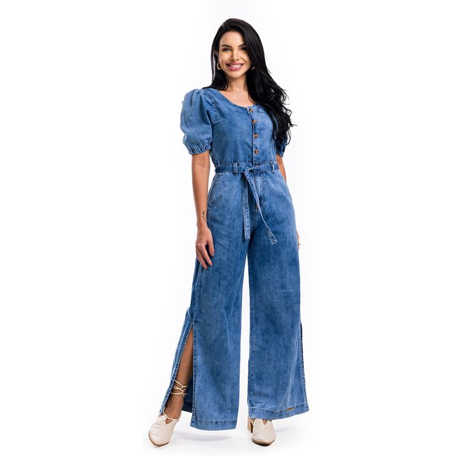 Macacão Pantalona Restrito Jeans Manga Bufante - AZUL MÉDIO