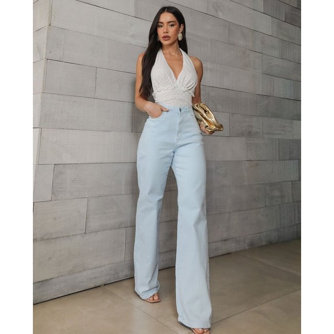 Calça Jeans Wide Leg Feminina Cintura Alta Básica com Elastano 28000 Azul Consciência