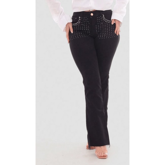 Calça Feminina Flare Jeans Preto com Aplicações de Brilhinhos Pocket Strass