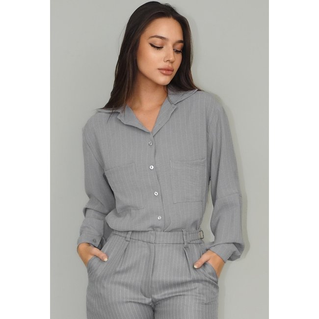 Camisa Saara Manga Longa Risca de Giz Conigli Cinza