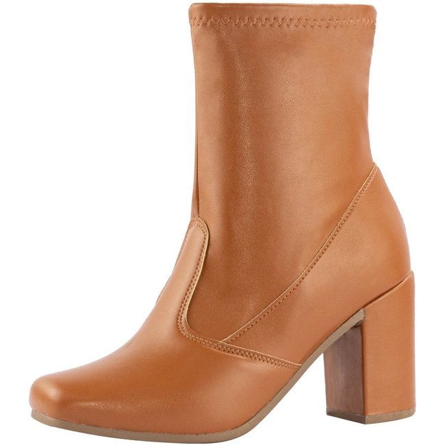 Bota Feminina Cano Médio Stretch Lumiss Coturno Confort Salto Alto Grosso Bico Quadrado Caramelo
