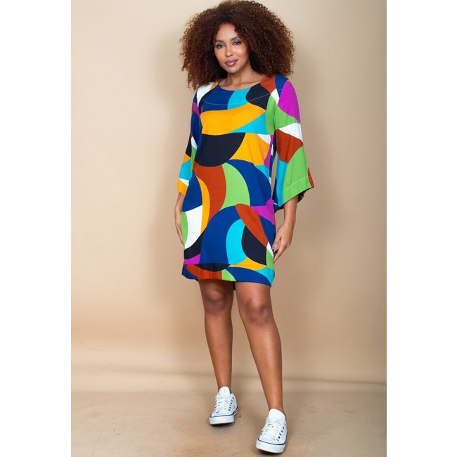 Vestido Curto Cabanafree Balli Manga Ampla Estampa Jardim Azul