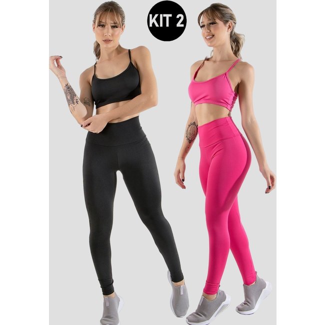 Kit 2 Conjuntos Feminino Fitness Top alça fina e Calça Legging Lisa Treino Academia 4 Estações Preto/Rosa