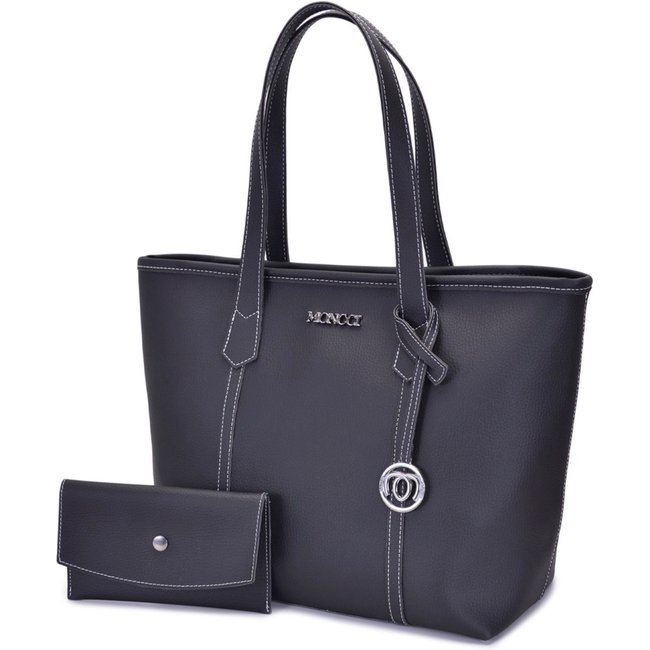 Bolsa de Ombro Grande Moncci Fechamento de zíper Preta com Costura Branca
