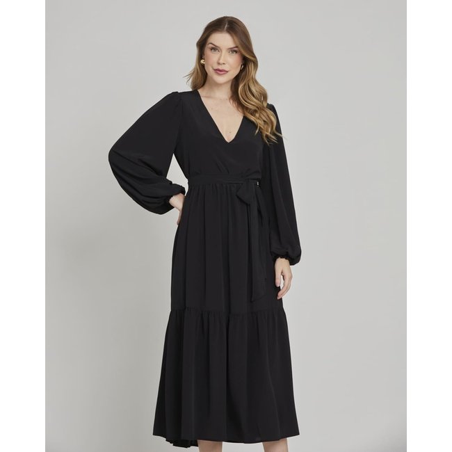 Vestido Longo Preto Feminino Manga Longa Decote V com Faixa