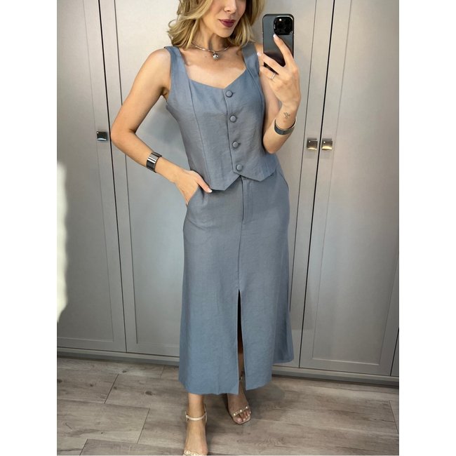 Conjunto Saia Midi e Colete Muy Linda Alfaiataria Feminina Cinza