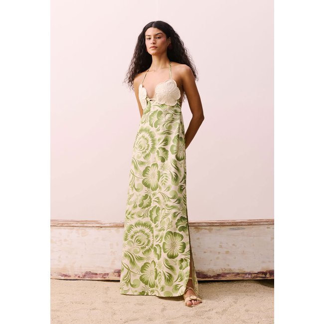 Vestido Frente Única CaCay Longo Bojo Flor Corda Verde