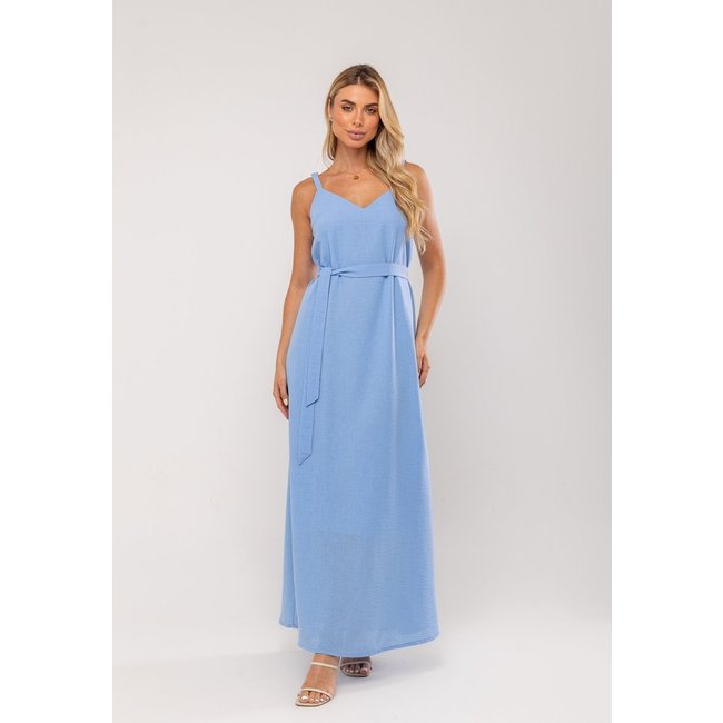 Vestido Longo Com Faixa Na Cintura Salvatore Azul
