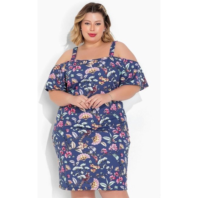 Vestido Com Alças E Mangas Plus Size Floral Azul Marguerite
