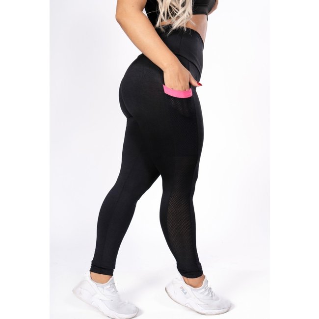 Calça Legging Fitness com Bolso Rosa Academia Preta Preto