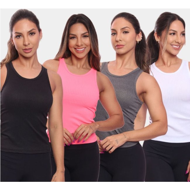 Kit 4 Regatas Nadador Canelada Feminina Lisa Blusa Blusinha Básica Colorido