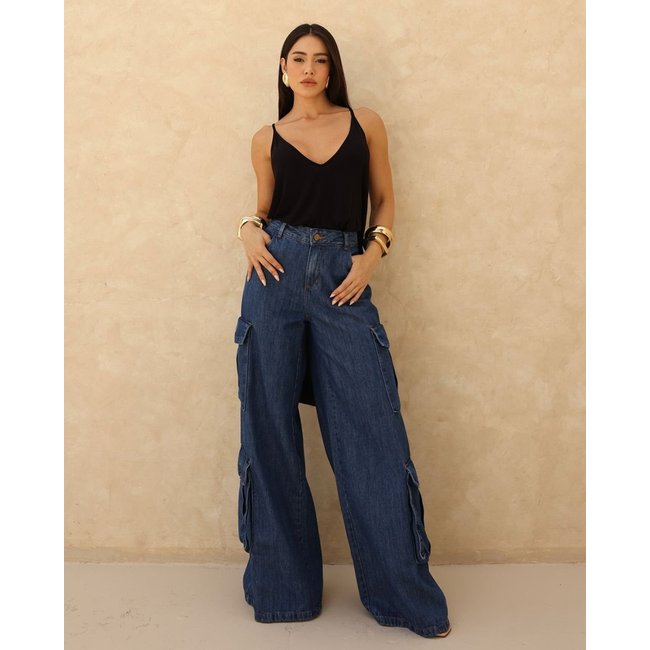 Calça Jeans Wide Leg Feminina Relaxed Cargo 24895 Escura Consciência