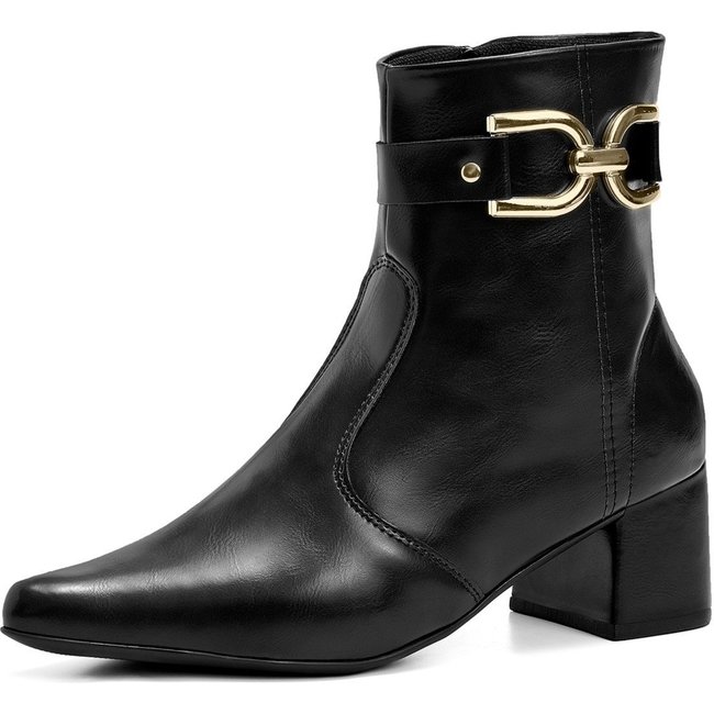 Bota Feminina Lumiss Bico Fino Salto Bloco Médio Cano Curto Fivela Dourada Preto