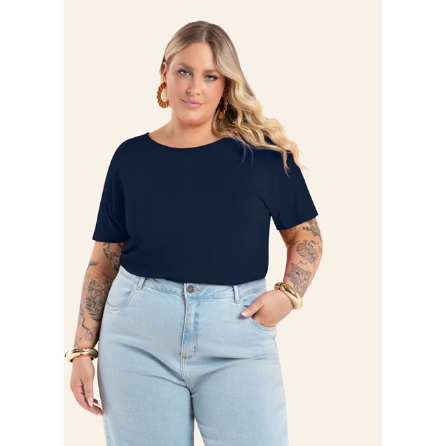 Blusa Manga Curta Feminina Plus Size Secret Glam Azul