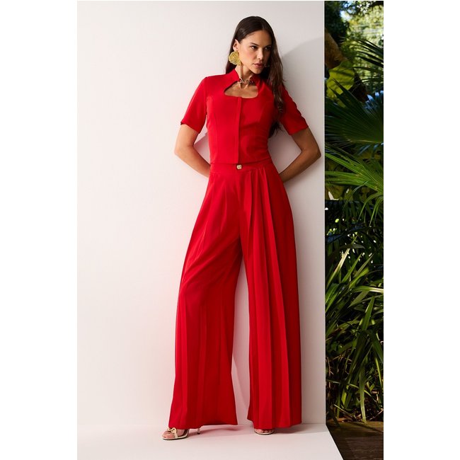 Calça Wide Lisa Com Pregas Vermelho Oriente Charry
