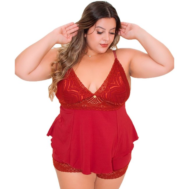 Short Doll Baby Doll Pijama Confortável Renda Luxo Plus Size Amanda Vermelho