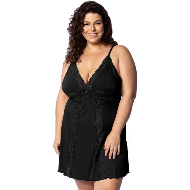 Camisola Tetê Variedades Plus Size Microfibra Rendada Pijama Sem Bojo Feminino Confortável Sensual Preto