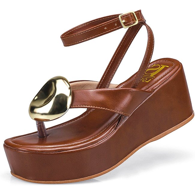 Sandália Feminina Tira Anabela Flatform Fivela Ilhós Estilosa 430 Caramelo
