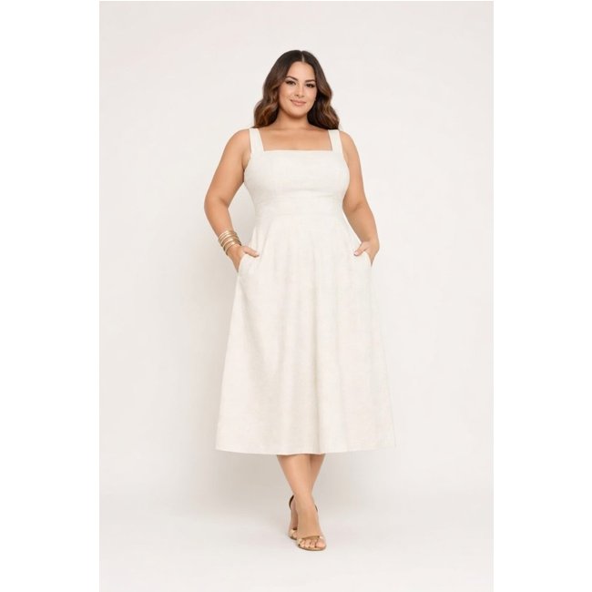Vestido Midi Plus Size D Bell Outlet Fashion Alça Off-White