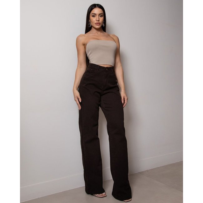 Calça Jeans Wide Leg Feminina Cintura Alta Básica com Elastano 28000 Marrom Consciência