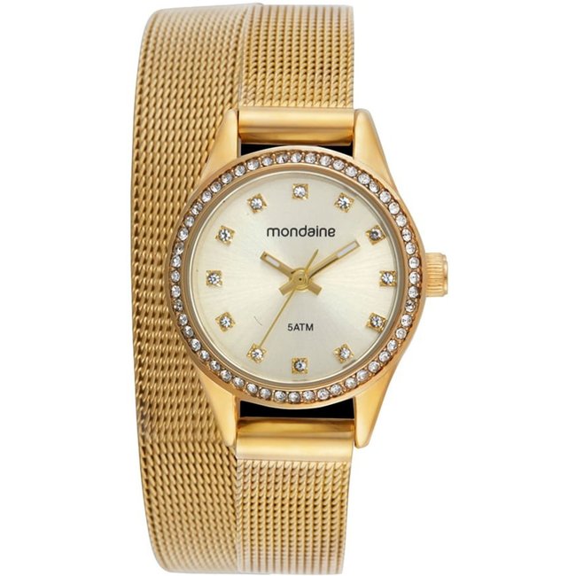 Relógio Feminino Cristais Pulseira Dupla Volta Dourado Mondaine