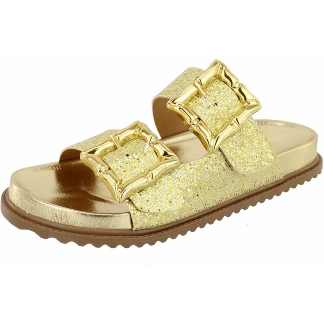 Sandalia Brilho Papete Brilhante Rasteira Balada Fivela Chick Agnes Veronez Dourado