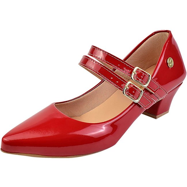 Scarpin Feminino Boneca Duas Tiras Bico Fino Salto Grosso Vermelho