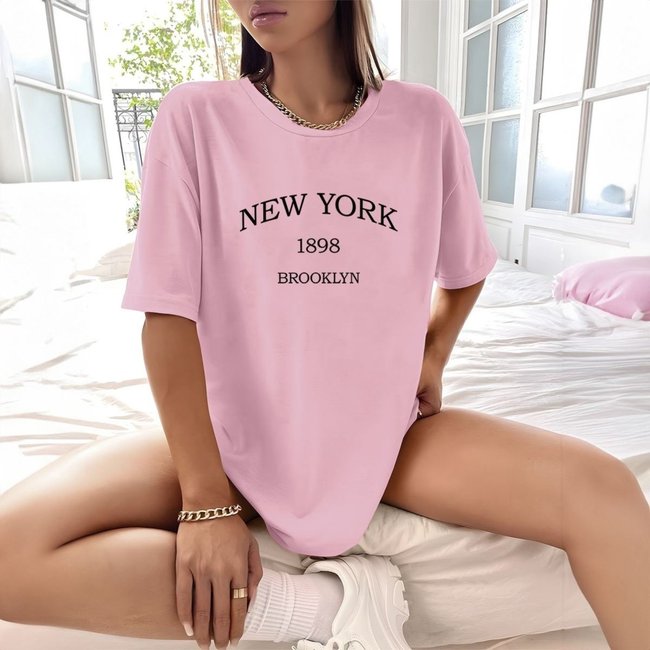 Camisa Camiseta Feminina Estampada New York 1898 Brooklyn 100% Algodão Fio 30.1 Penteado - Rosa