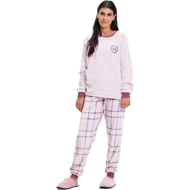 Pijama Longo de Inverno Feminino em Soft Fleece Com Punho Xadrez Listrado Rosa