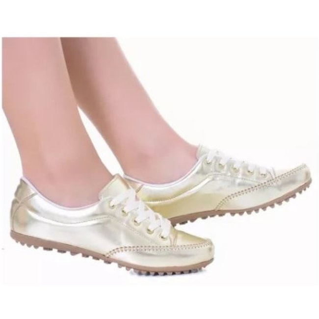 Sapatênis Feminino Comfort Casual Cadarço Dourado