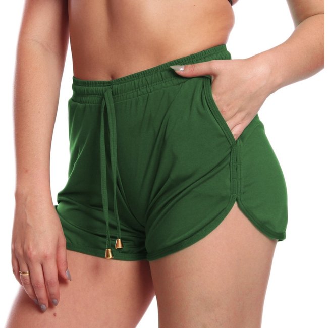 Shorts Curto Vih Triny Feminino Soltinho Moda Praia Com Bolso E Cordão Verde Preto
