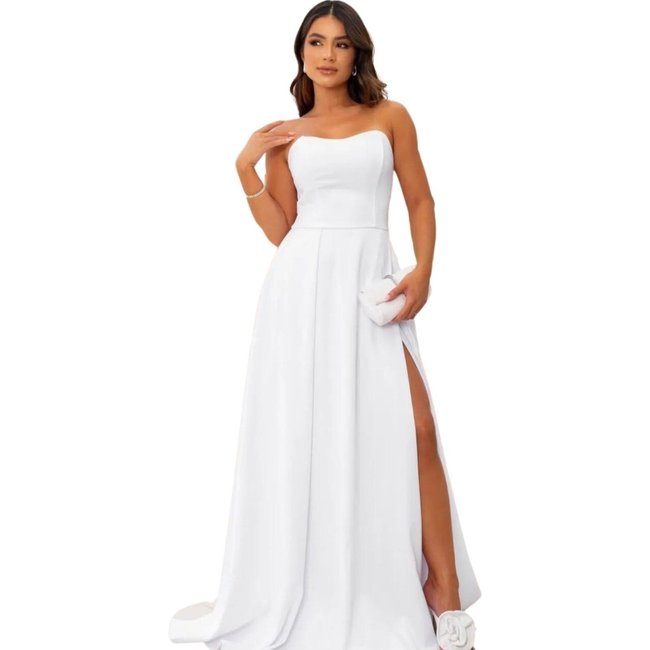Vestido Longo de Festa Casamento Civil Noivados e Reveillon Tomara que Caia Corselete com Fenda Gabriela Branco