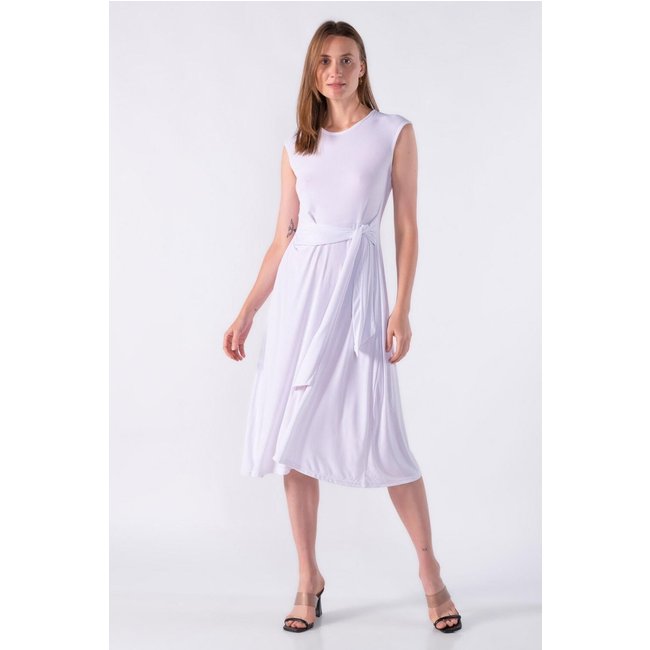 Vestido midi malha canelada com amarracao Branco