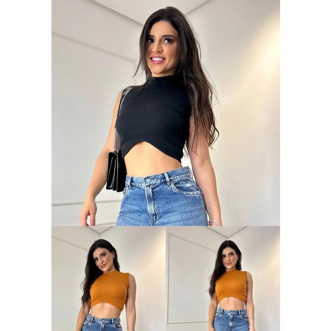 Kit Cropped Regata Francisca 2 peças: Preto e Mostarda