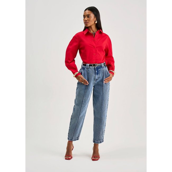 Camisa Iódice Ajustada Decote V Manga Longa Padrão Vermelho