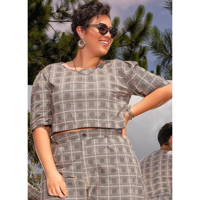 Blusa Em Malha Denim Xadrez Marguerite