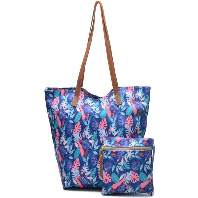 Bolsa Grande Feminina + Necessaire Tecido Impermeável Alça de Ombro Sacola Praia Fechamento Zíper Cor Jardim Azul
