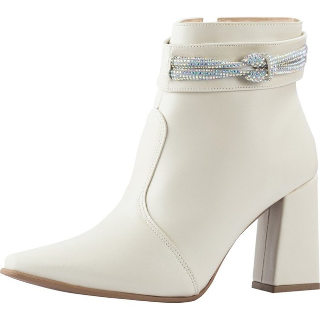 Bota Coturno Feminino Strass Bico Fino Lumiss Salto Alto Grosso Cano Curto Confort Off White