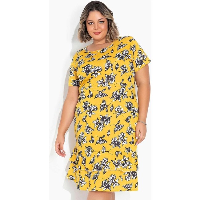 Vestido Com Babado Plus Size Floral Amarelo Marguerite